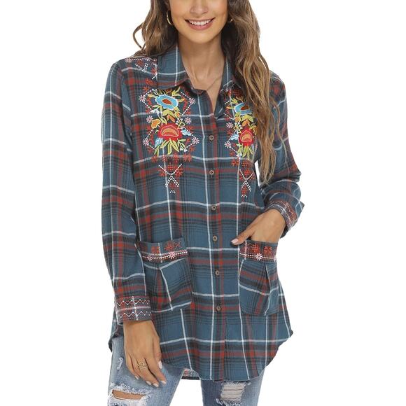 Womens Boho Western Plaid Cowgirl Embroidered Floral‎ Long Sleeve Tunic Blouse S - Picture 1 of 10